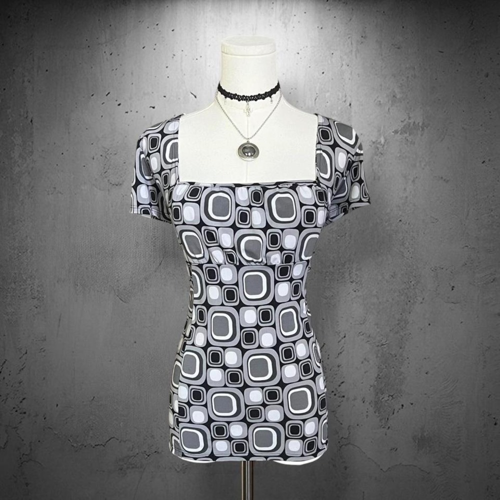 Geometric Black and Gray Square Neck Top